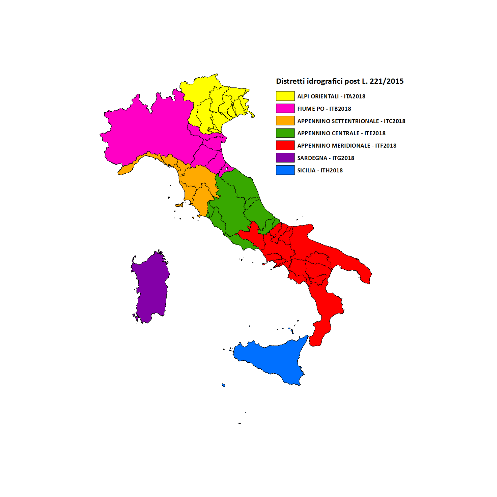 Mappa idrografica dell'Italia suddivisa in distretti